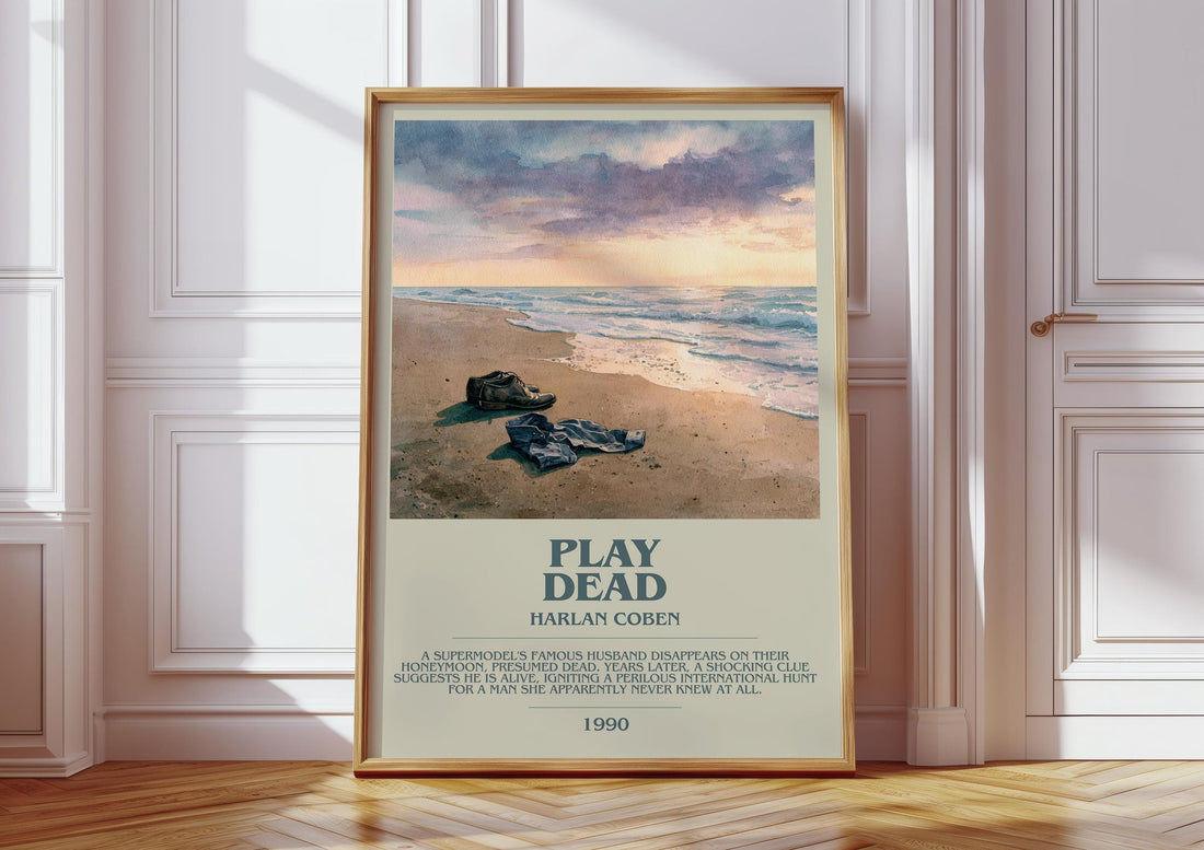 Play Dead bookish print in frame leaning in hallway – thriller wall art (mockup)