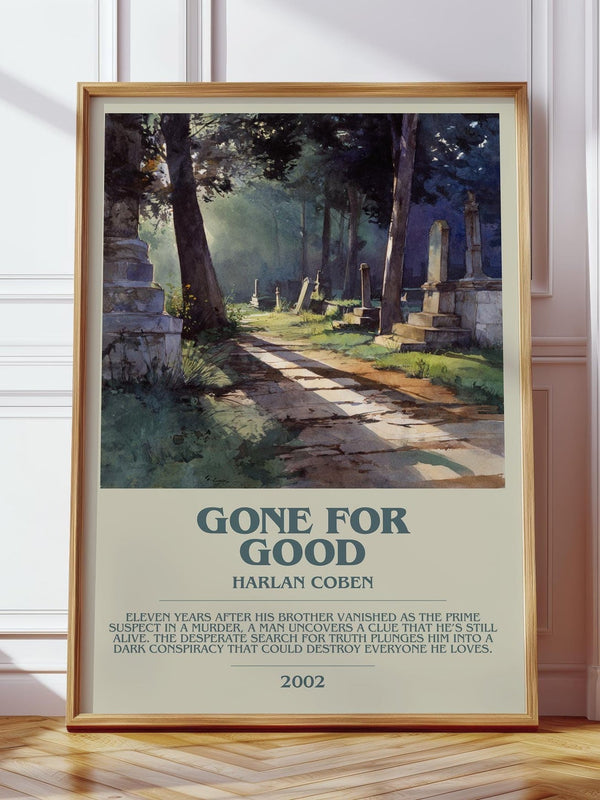 Gone for Good bookish print in frame leaning in hallway – thriller wall art