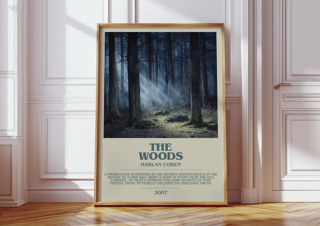 The Woods bookish print in frame leaning in hallway – thriller wall art (mockup)