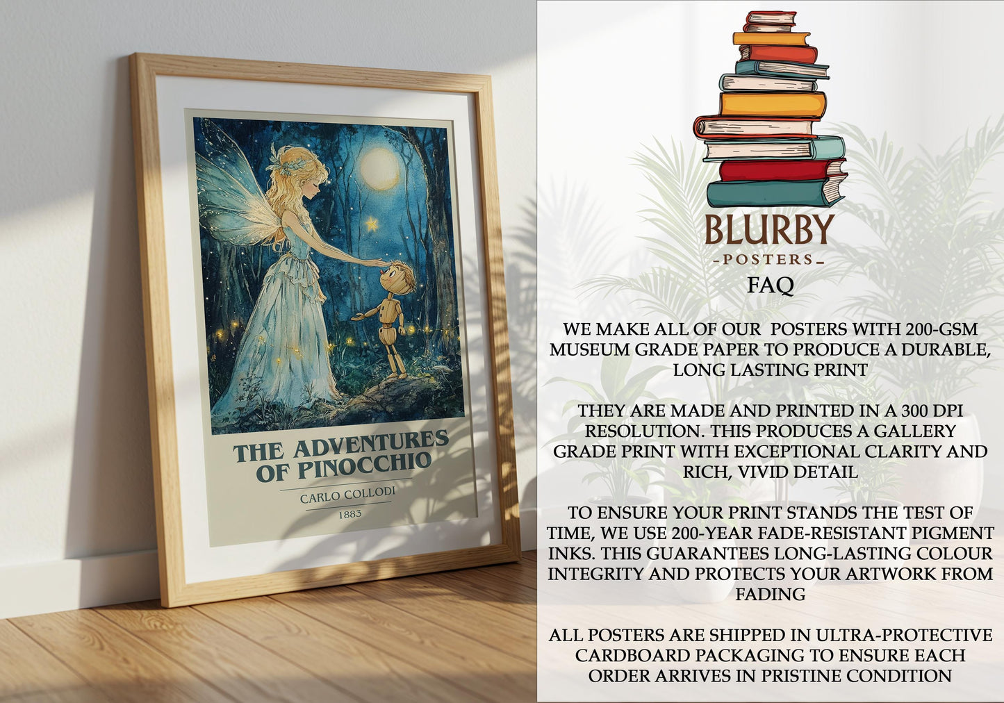 The Adventures of Pinocchio by Carlo Collodi Descriptive Poster Print. Free Delivery Wall Art Author & Blurb Book Artwork Novel