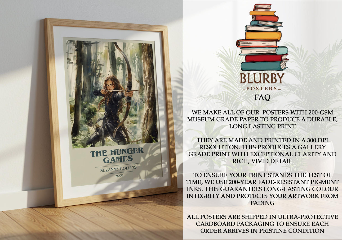 The Hunger Games by Suzanne Collins Descriptive Poster Print. Free Delivery Wall Art Author & Blurb Book Artwork Novel