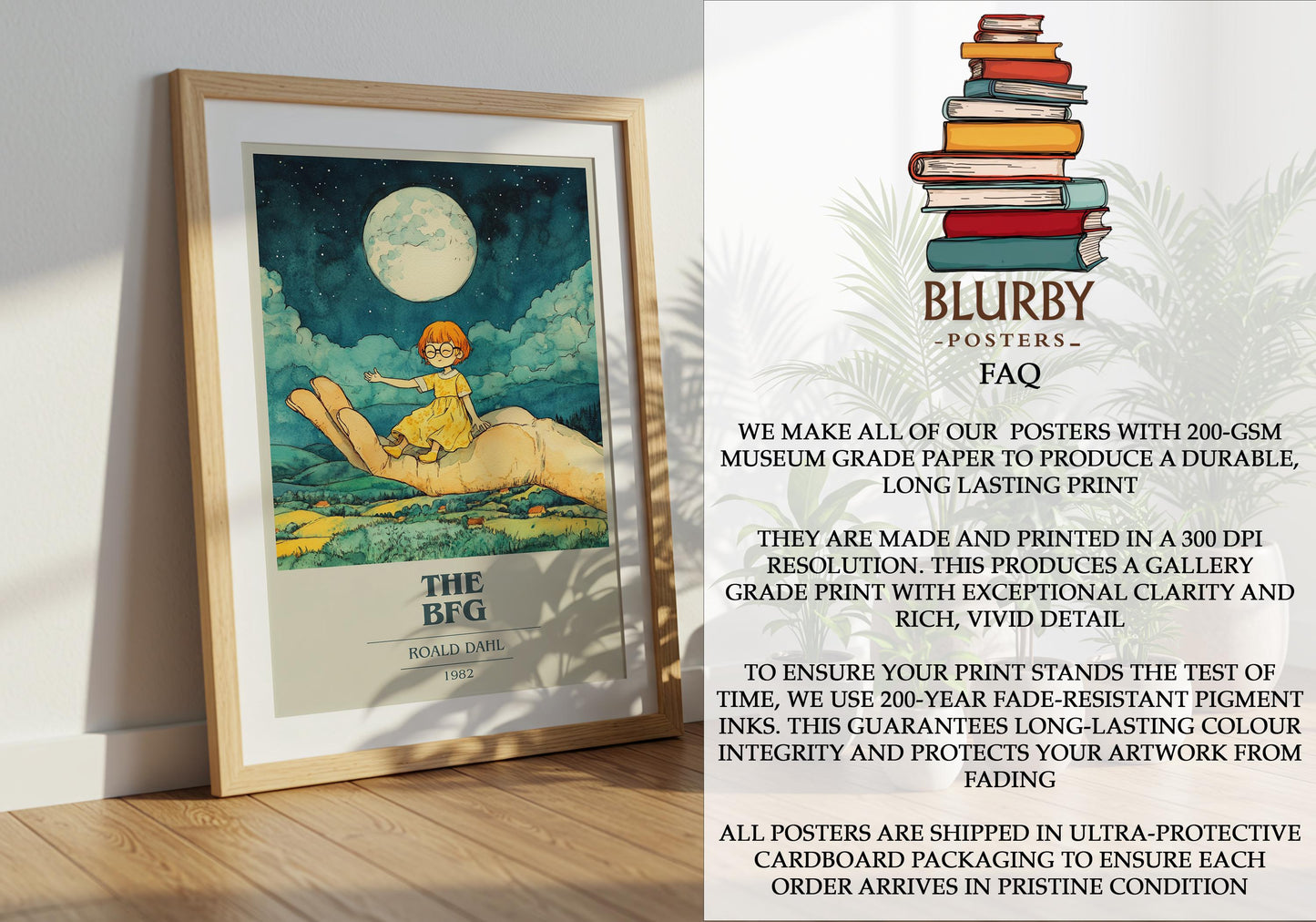 The BFG by Roald Dahl Descriptive Poster Print. Free Delivery Wall Art Author & Blurb Book Artwork Novel