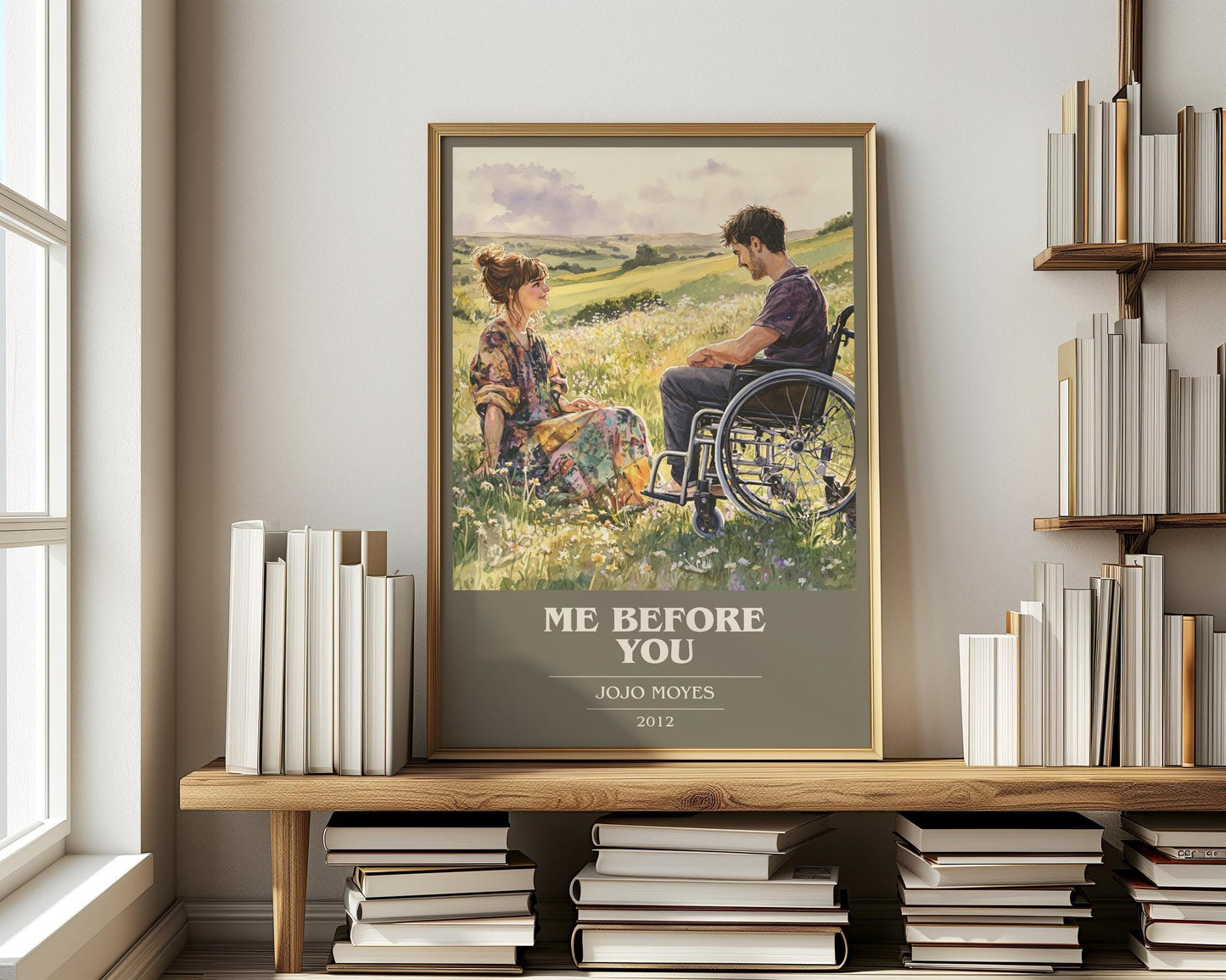 Me Before You book cover print on bookshelf – Jojo Moyes fan gift