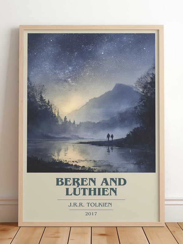 Beren and Lúthien book cover print in frame leaning in hallway – fantasy wall art