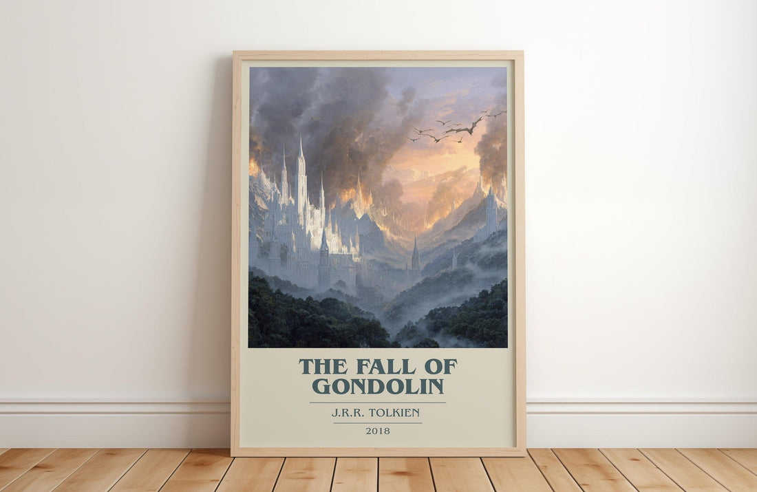The Fall of Gondolin book cover print in frame leaning in hallway – fantasy wall art (mockup)