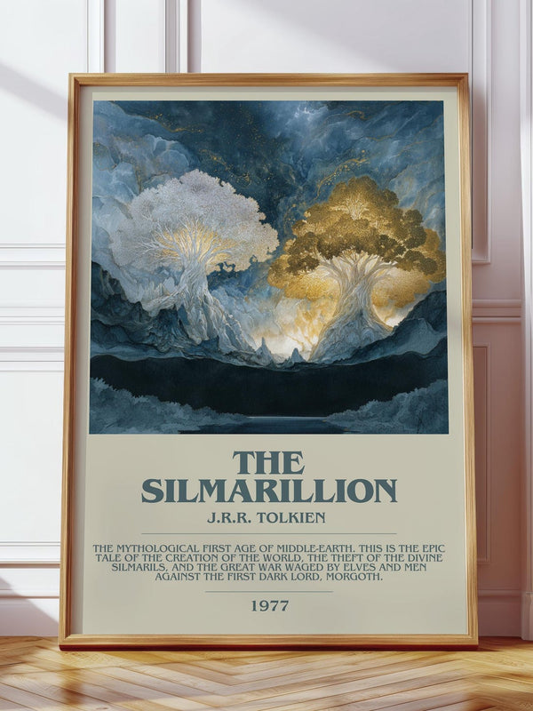 The Silmarillion bookish print in frame leaning in hallway – fantasy wall art