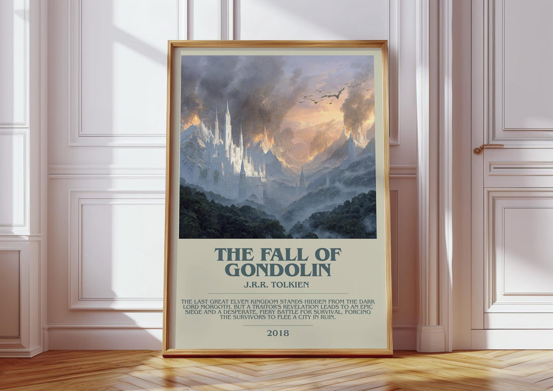 The Fall of Gondolin bookish print in frame leaning in hallway – fantasy wall art (mockup)