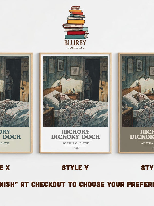 Hickory Dickory Dock book cover print in frame leaning in hallway – mystery wall art