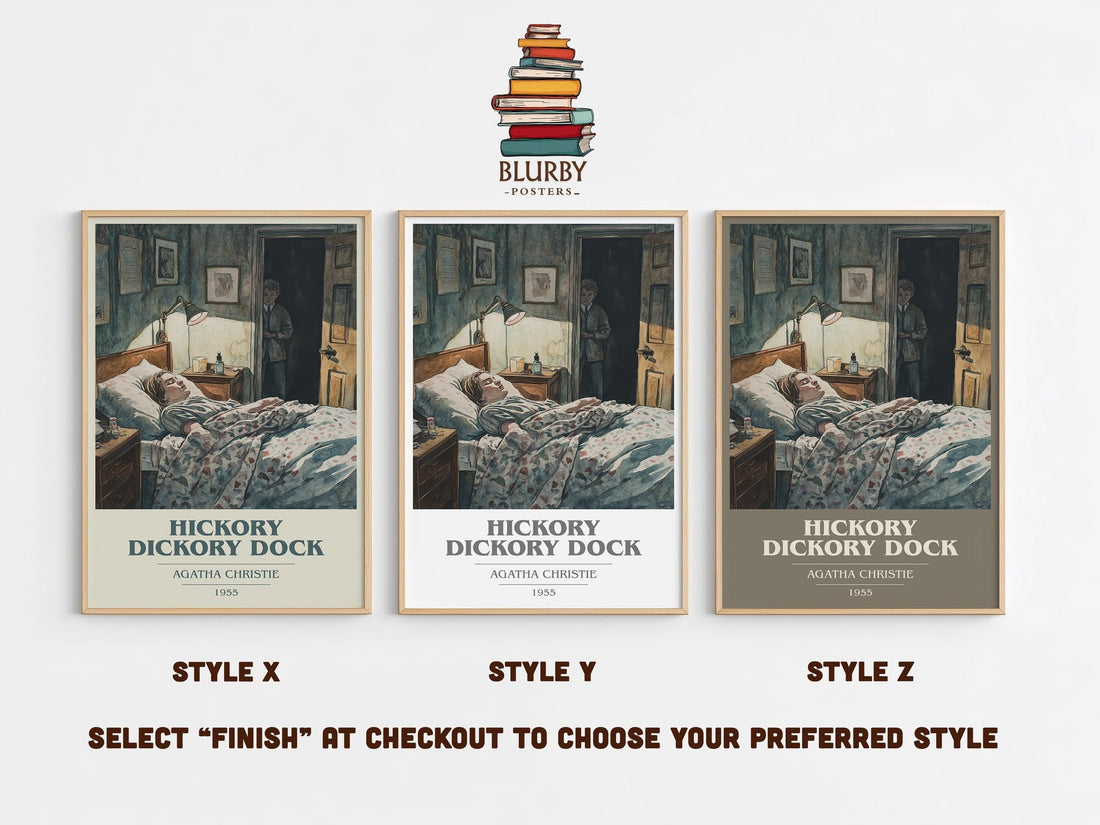 Hickory Dickory Dock book cover print in frame leaning in hallway – mystery wall art (mockup)