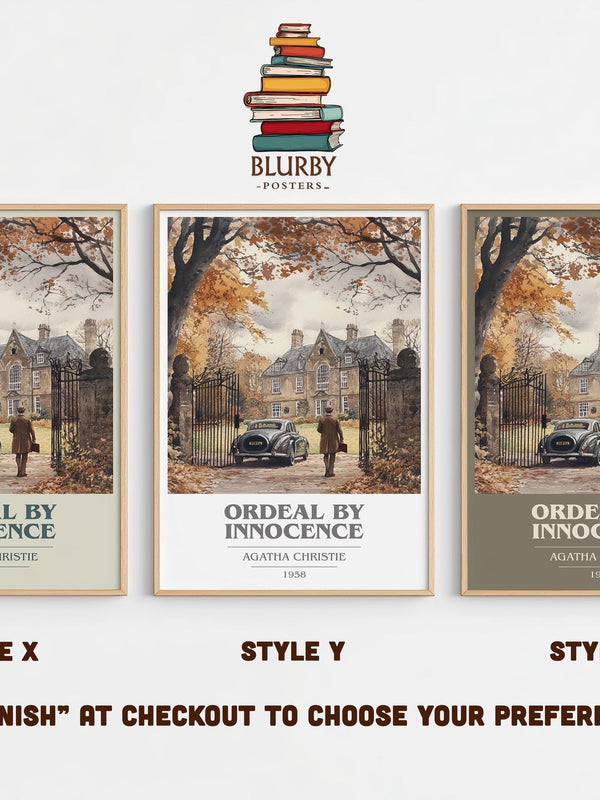 Ordeal by Innocence book cover print in frame leaning in hallway – mystery wall art