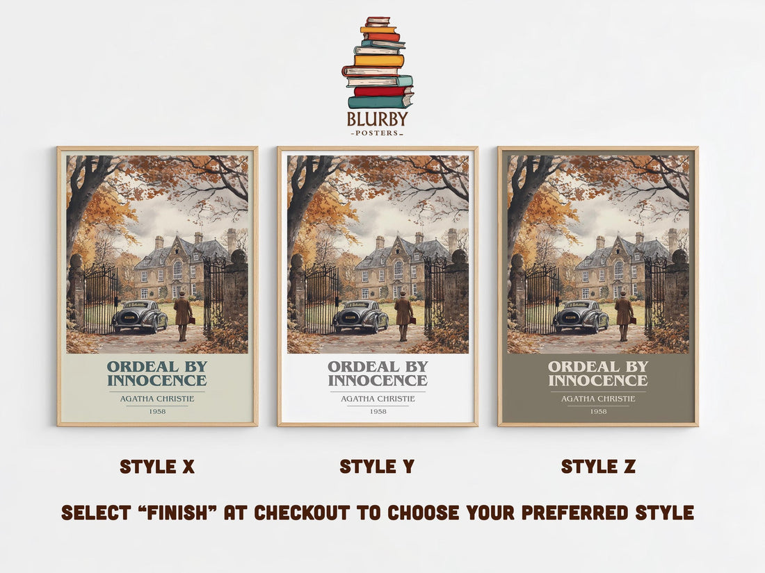 Ordeal by Innocence book cover print in frame leaning in hallway – mystery wall art (mockup)