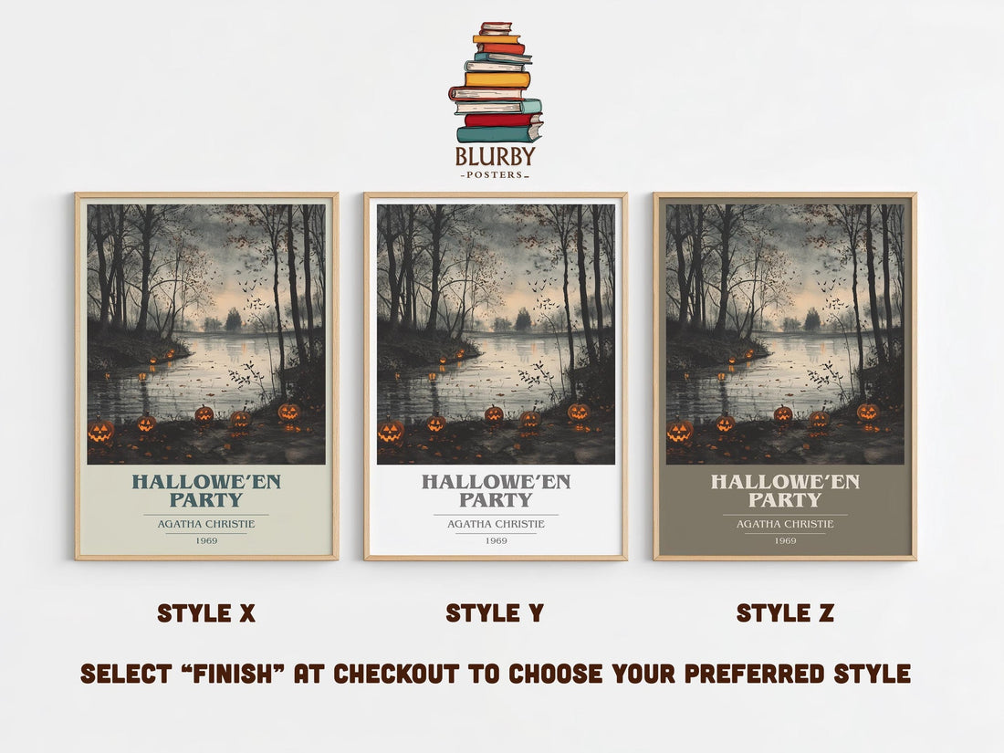 Hallowe'en Party book cover print in frame leaning in hallway – mystery wall art (mockup)