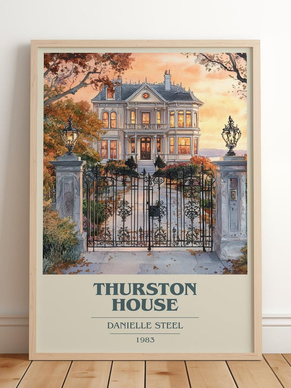 Thurston House book cover print in frame leaning in hallway – romance wall art