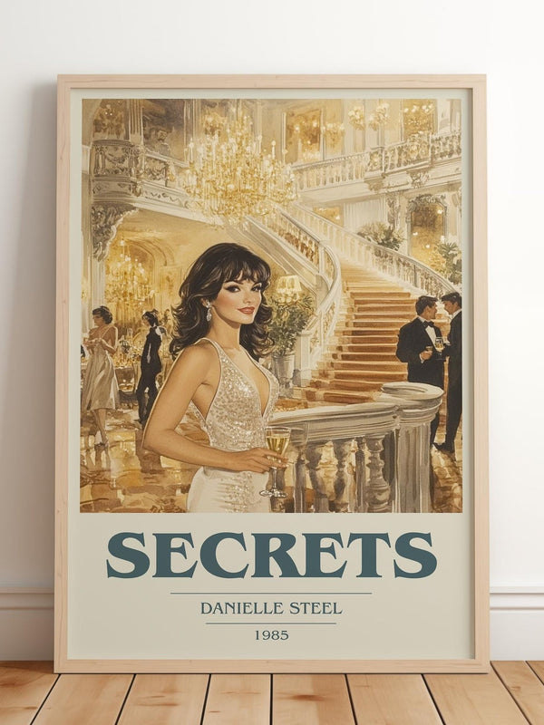 Secrets book cover print in frame leaning in hallway – contemporary fiction wall art