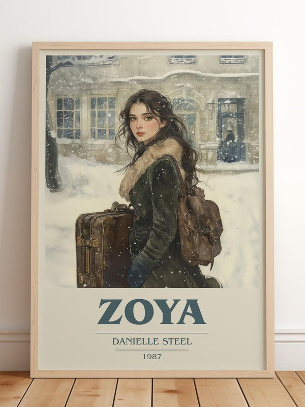 Zoya book cover print in frame leaning in hallway – historical fiction wall art