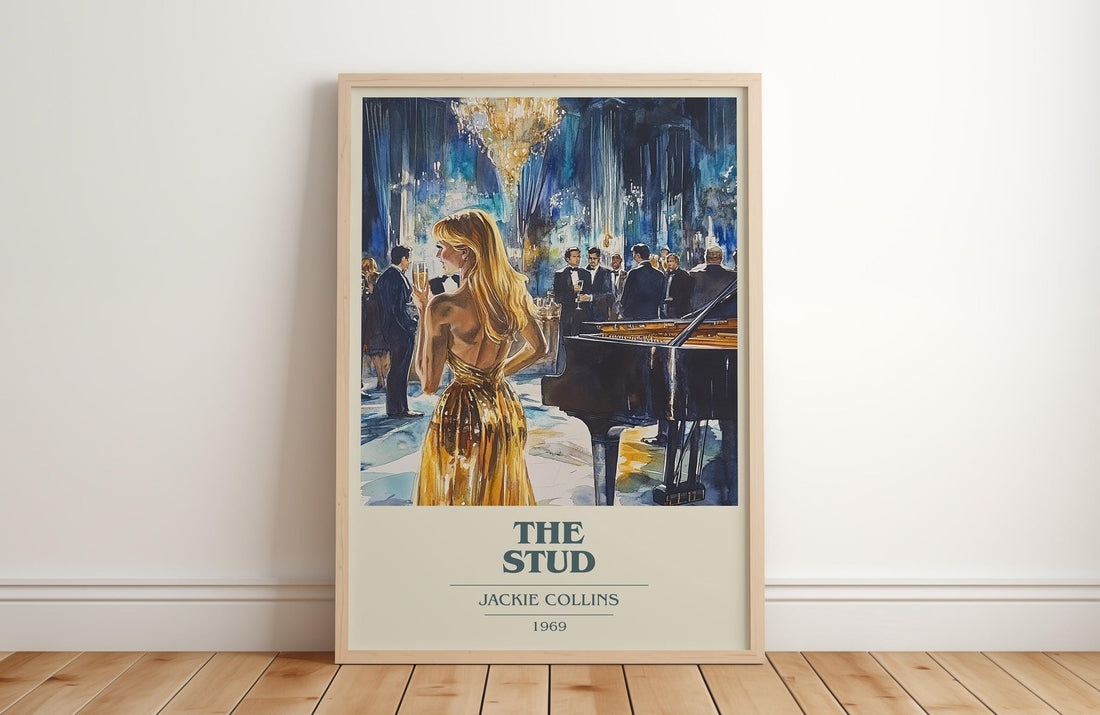 The Stud book cover print in frame leaning in hallway – romance wall art (mockup)
