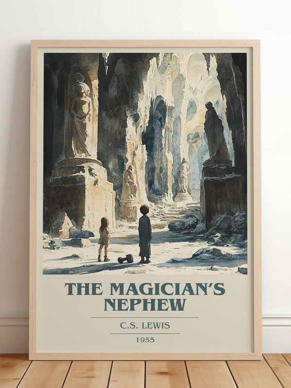 The Magician's Nephew book cover print in frame leaning in hallway – childrens wall art