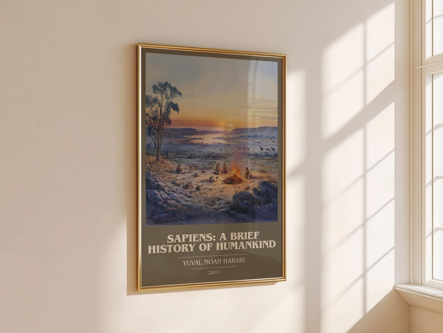 Sapiens: A Brief History of Humankind book cover print framed by window – literary home decor
