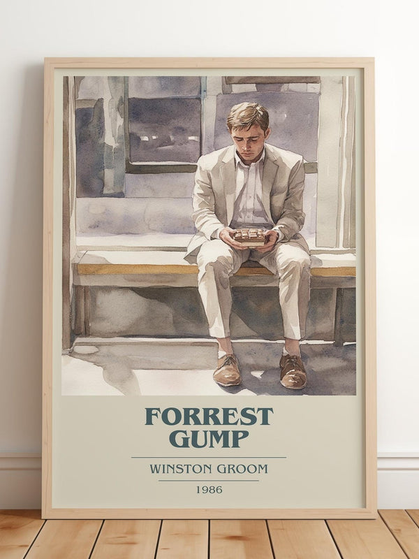 Forrest Gump book cover print in frame leaning in hallway – literary fiction wall art