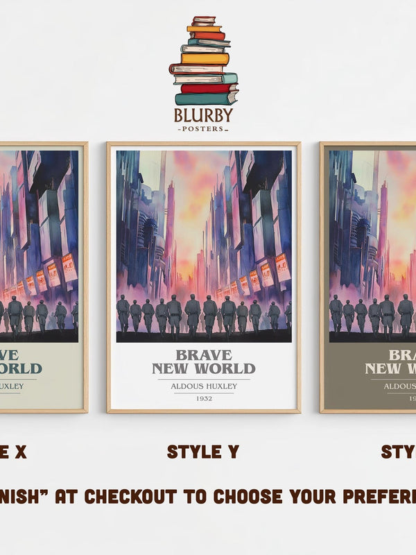 Brave New World book cover print in frame leaning in hallway – dystopian wall art