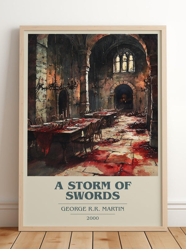 A Storm of Swords book cover print in frame leaning in hallway – fantasy wall art