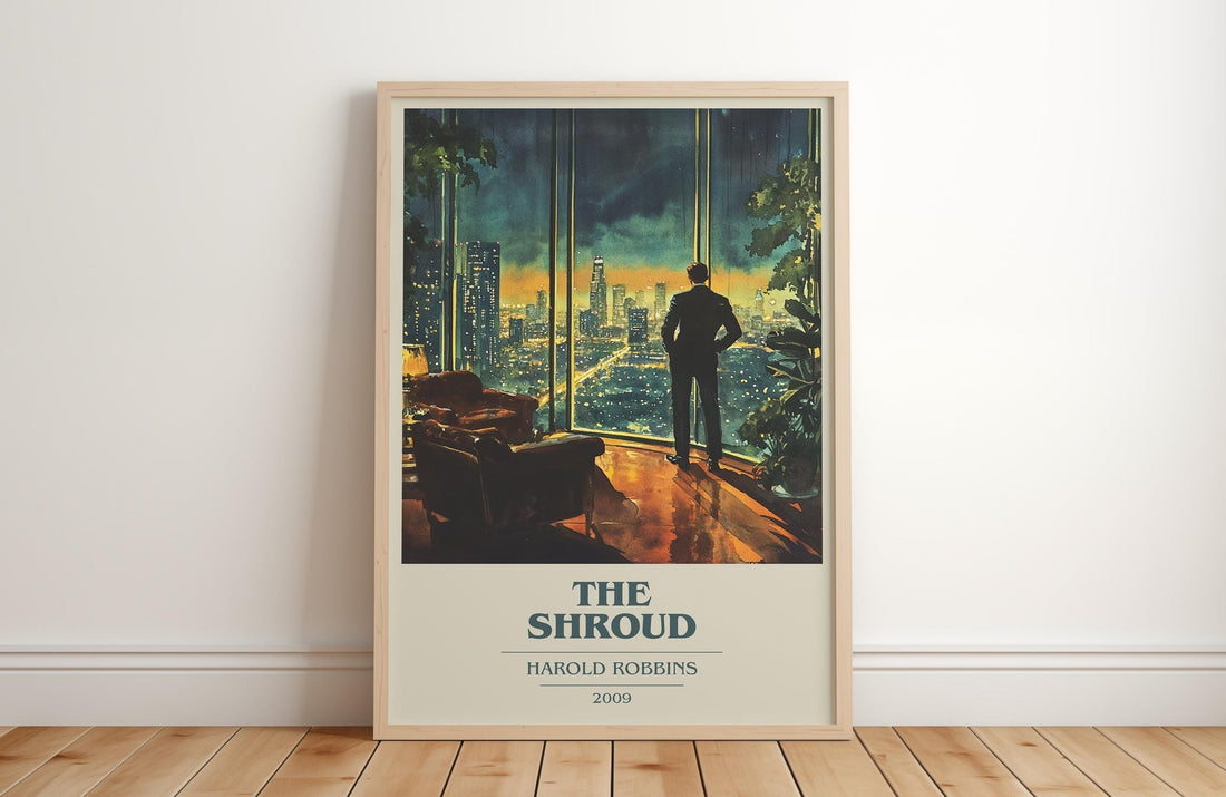The Shroud book cover print in frame leaning in hallway – thriller wall art (mockup)