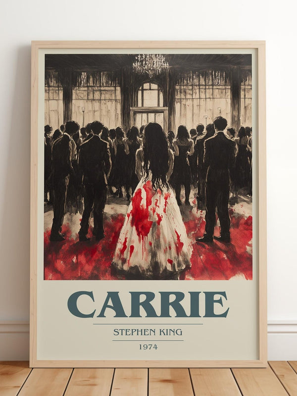 Carrie book cover print in frame leaning in hallway – horror wall art