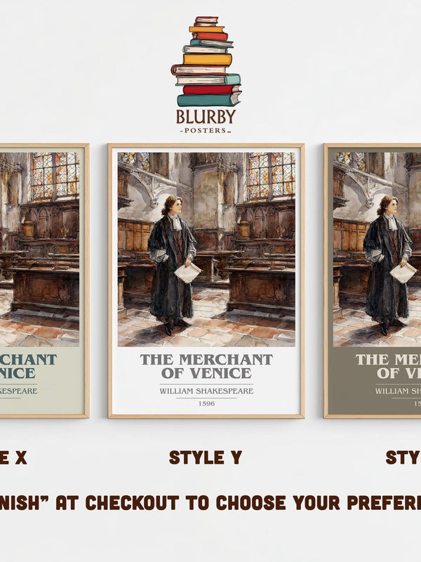 The Merchant of Venice book cover print in frame leaning in hallway – classic literature wall art