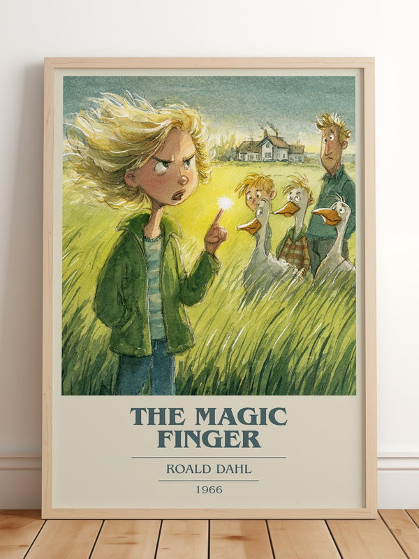 The Magic Finger book cover print in frame leaning in hallway – childrens wall art