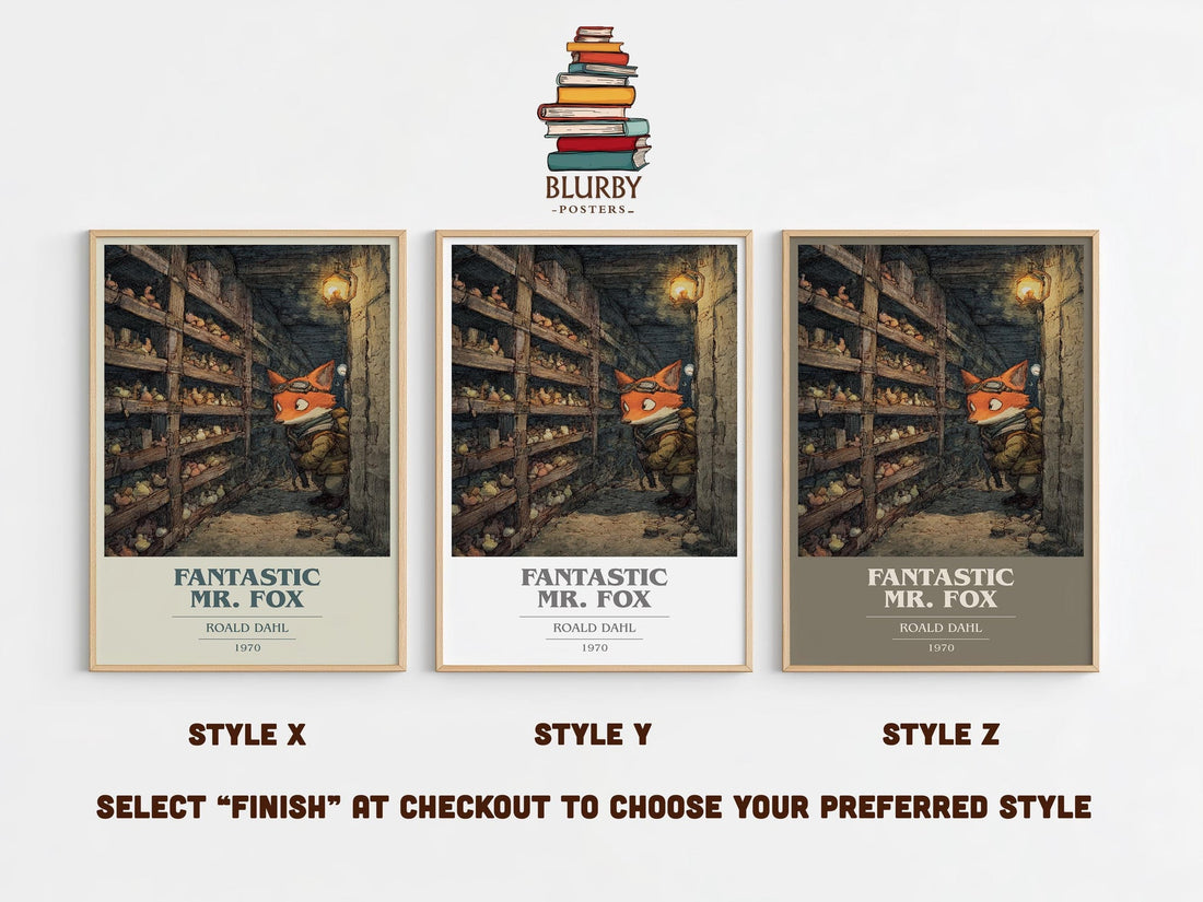 Fantastic Mr. Fox book cover print in frame leaning in hallway – childrens wall art (mockup)