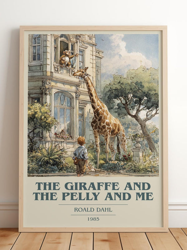 The Giraffe and the Pelly and Me book cover print in frame leaning in hallway – childrens wall art