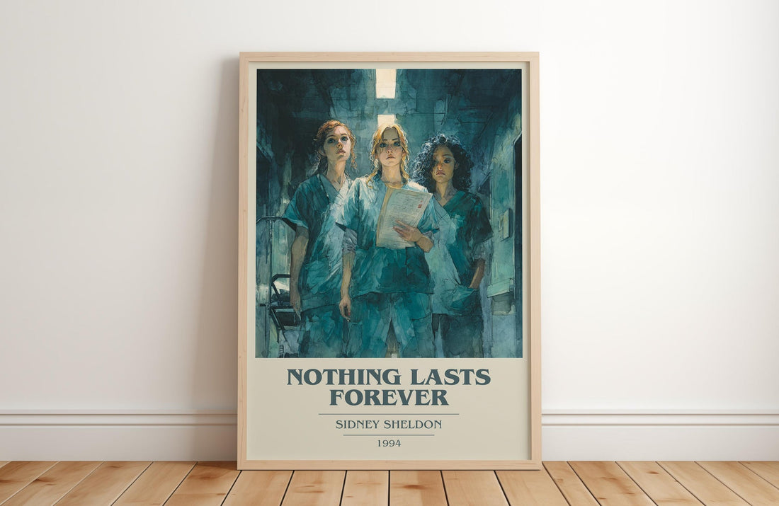 Nothing Lasts Forever book cover print in frame leaning in hallway – thriller wall art (mockup)