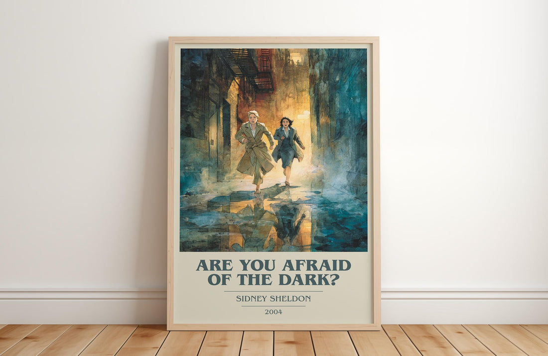 Are You Afraid of the Dark? book cover print in frame leaning in hallway – thriller wall art (mockup)