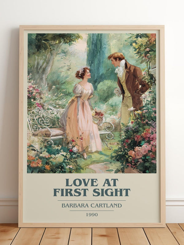 Love at First Sight book cover print in frame leaning in hallway – romance wall art