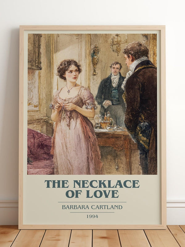 The Necklace of Love book cover print in frame leaning in hallway – romance wall art