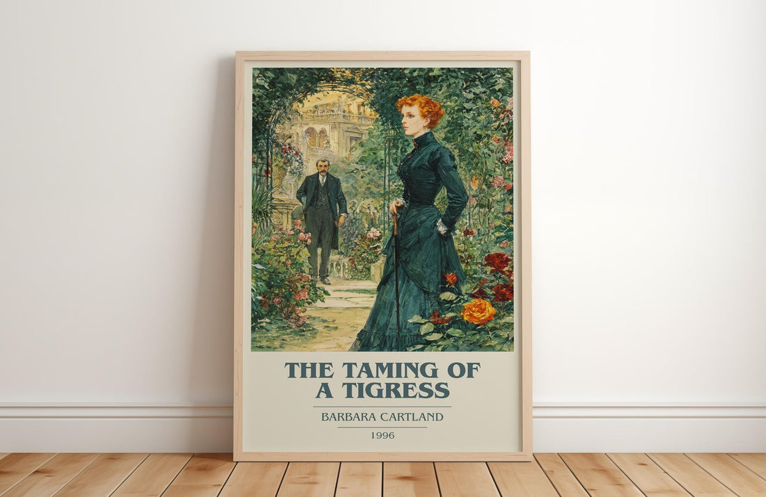 The Taming of a Tigress book cover print in frame leaning in hallway – romance wall art (mockup)