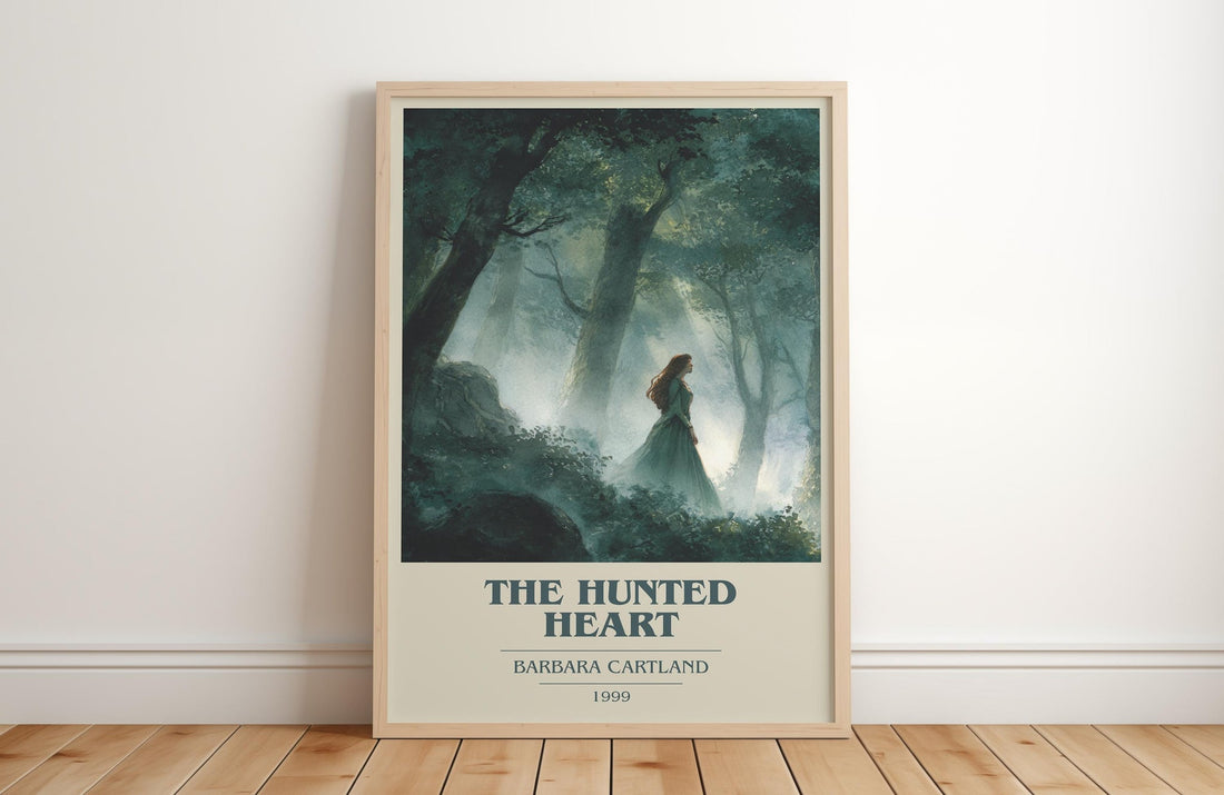 The Hunted Heart book cover print in frame leaning in hallway – romance wall art (mockup)