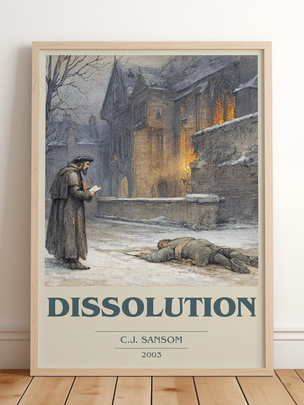 Dissolution book cover print in frame leaning in hallway – historical fiction wall art