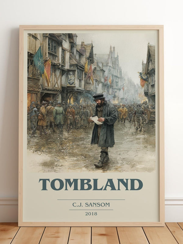 Tombland book cover print in frame leaning in hallway – historical fiction wall art