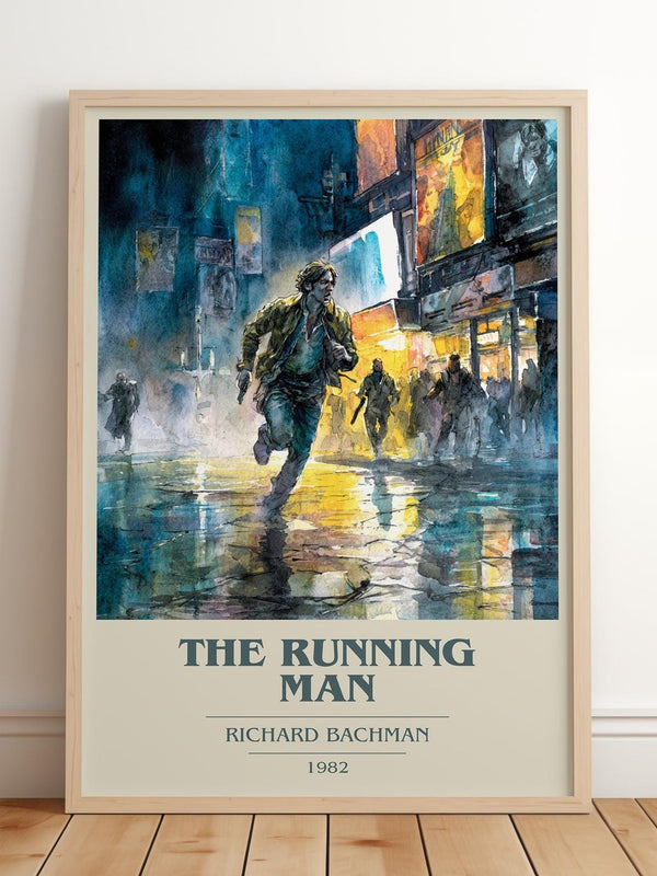 The Running Man book cover print in frame leaning in hallway – dystopian wall art