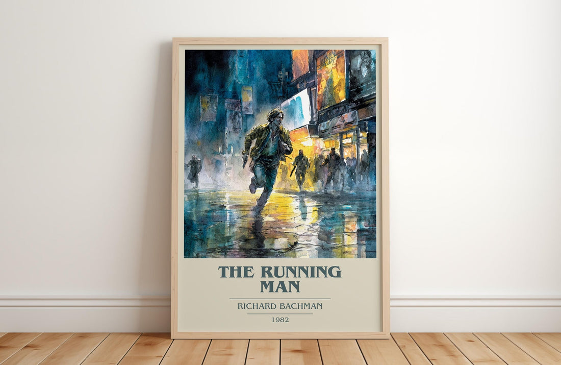 The Running Man book cover print in frame leaning in hallway – dystopian wall art (mockup)