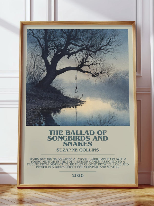 The Ballad of Songbirds and Snakes bookish print in frame leaning in hallway – dystopian wall art