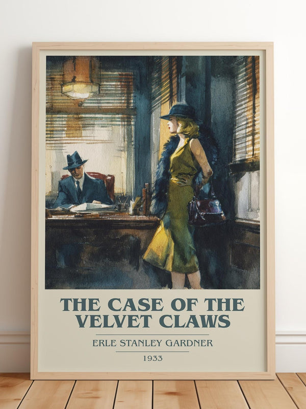 The Case of the Velvet Claws book cover print in frame leaning in hallway – mystery wall art