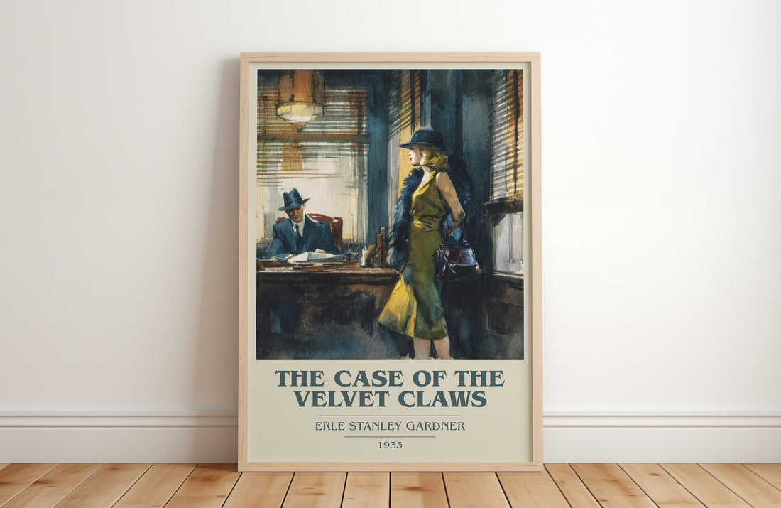 The Case of the Velvet Claws book cover print in frame leaning in hallway – mystery wall art (mockup)