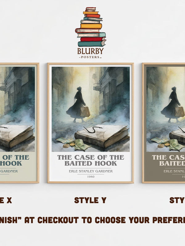 The Case of the Baited Hook book cover print in frame leaning in hallway – mystery wall art