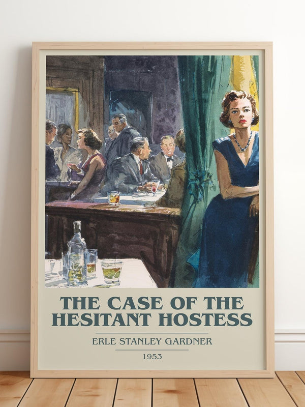 The Case of the Hesitant Hostess book cover print in frame leaning in hallway – mystery wall art