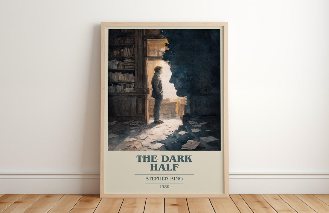 The Dark Half book cover print in frame leaning in hallway – horror wall art (mockup)