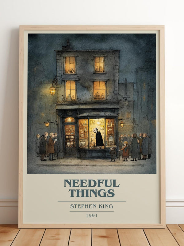 Needful Things book cover print in frame leaning in hallway – horror wall art