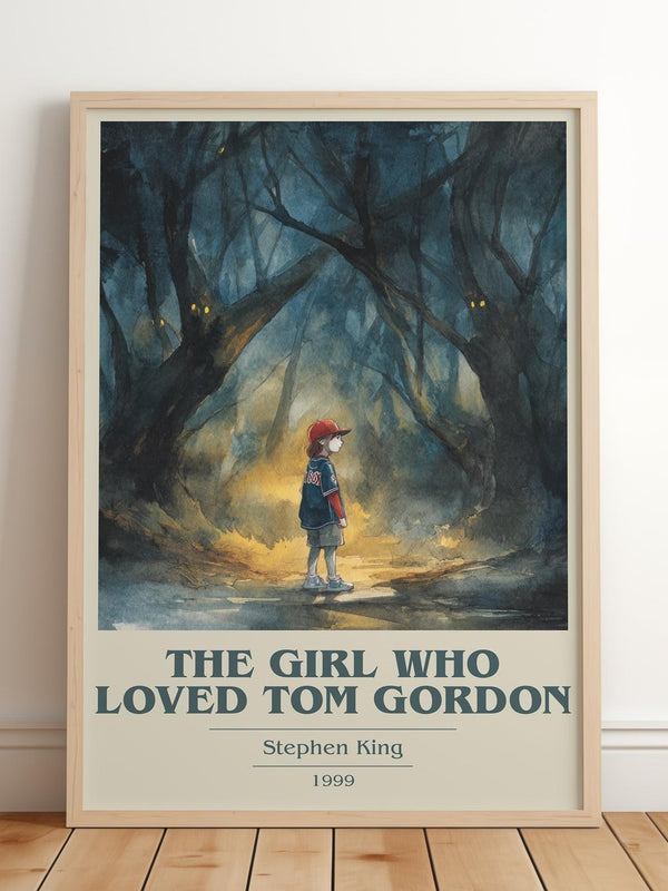The Girl Who Loved Tom Gordon book cover print in frame leaning in hallway – horror wall art
