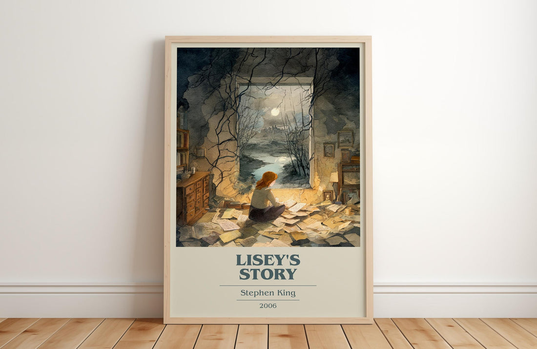 Lisey's Story book cover print in frame leaning in hallway – horror wall art (mockup)